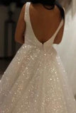 Shiny Ivory Sequins V Neck Backless Straps Wedding Dresses, Beach Bridal Dresses SJS15375