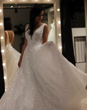 Shiny Ivory Sequins V Neck Backless Straps Wedding Dresses, Beach Bridal Dresses SJS15375