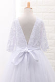 Mid-Length Sleeves Scoop Ball Gown Flower Girl Dresses Tulle With Sash