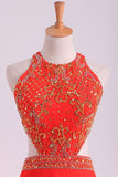 Prom Dresses Scoop A Line Orange Red Chiffon With Beading Sweep Train