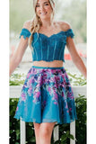 Two Piece Off Shoulder Beading Floral Homecoming Dresses
