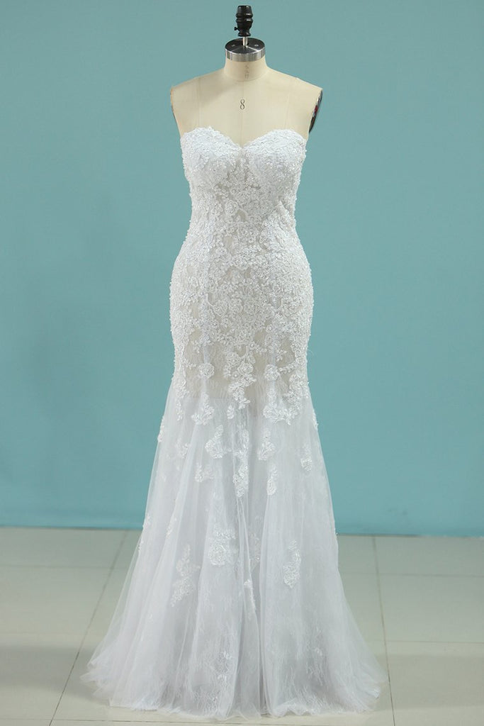 Buy Mermaid Boat Neck Wedding Dresses With Applique Chapel Train Lace ...
