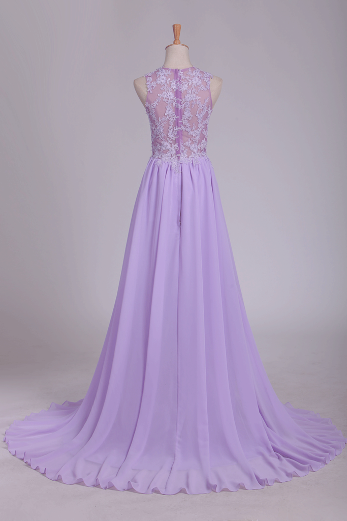 See-Through Scoop A Line Sweep Train Prom Dresses With Applique And Slit