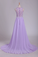 See-Through Scoop A Line Sweep Train Prom Dresses With Applique And Slit