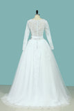 A Line Wedding Dresses Long Sleeves Scoop With Applique Court Train
