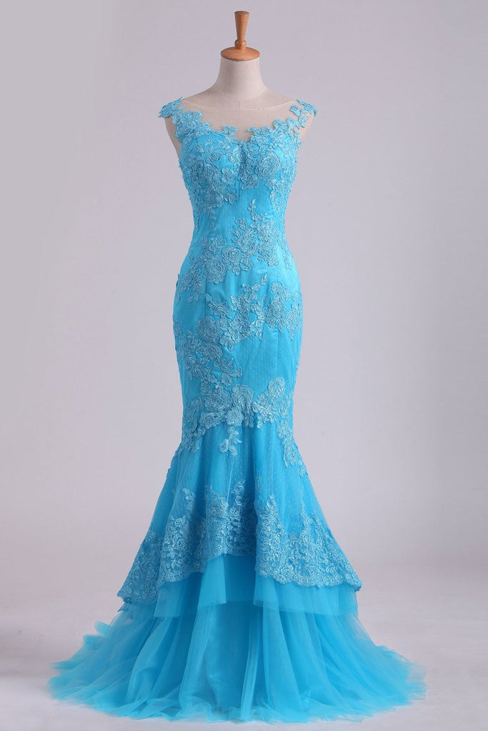 Mermaid Evening Dresses Bateau Tulle With Applique Sweep Train