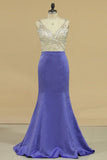 Prom Dresses V Neck Beaded Bodice Open Back Mermaid/Trumpet Satin & Tulle Floor Length