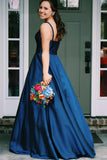 A Line Jewel Sleeveless Prom Dresses Long Cheap Navy Blue Satin Backless Evening Dresses JS483