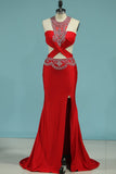 New Arrival Scoop With Beads And Slit Prom Dresses Spandex Mermaid