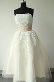 Champagne Ankle Length Strapless Wedding Dresses Organza