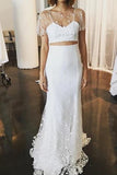 Elegant Two Pieces Lace Mermaid Short Sleeves Tulle Wedding Dresses SJS15581