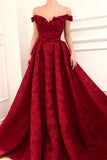 Charming Red Lace Off the Shoulder Prom Dresses, V Neck Handmade Flowers Party Dresses SJS15121