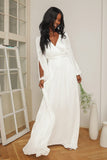 Long Sleeves A-line White V Neck Prom Dresses Evening Dresses
