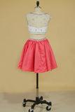 Two-Piece Bateau Homecoming Dresses A Line Satin With Beads Short/Mini