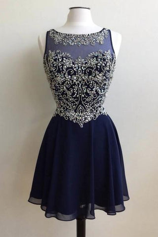 Dark blue chiffon beading round neck short handmade prom dress JS393