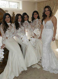 Long Sleeve Mermaid High Neck Ivory Bridesmaid Dress with Lace,Wedding Party SJS20486