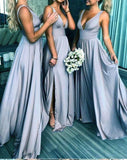 Elegant A Line V Neck Blue Straps Bridesmaid Dresses, Wedding Party SJS15641