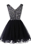 Sparkly Classy Short Sleeveless Cute V-Neck Beaded Tulle Crystals Homecoming Dresses JS772