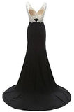 V-Neck Crystal Beaded Mermaid Black Long Prom Dress Slit Side JS229