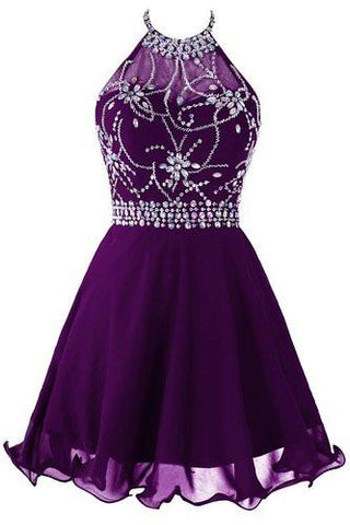 Short Beaded Prom Dress Halter Homecoming Dress Backless JS237