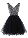 Sparkly Classy Short Sleeveless Cute V-Neck Beaded Tulle Crystals Homecoming Dresses JS772