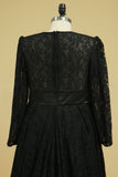 Plus Size A-Line Long Sleeves Lace Prom Dresses Black Asymmetrical