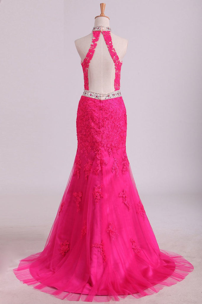 High Neck Open Back Sheath Prom Dresses Tulle With Applique And Rhinestones