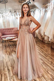 A Line Tulle V Neck Applqiues Prom Dresses With Slit, Spaghetti Straps Long Formal Dresses SJS15037