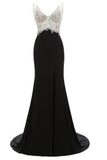 V-Neck Crystal Beaded Mermaid Black Long Prom Dress Slit Side JS229