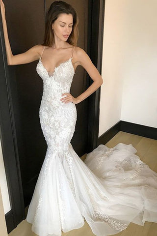 Mermaid Wedding Dresses Spaghetti Straps With Applique And Beads Tulle