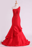 Red One Shoulder Mermaid Prom Dresses Taffeta With Applique & Beads