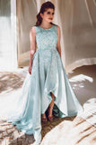 A Line High-Low Prom Dresses Scoop Satin With Appliques Sweep Train