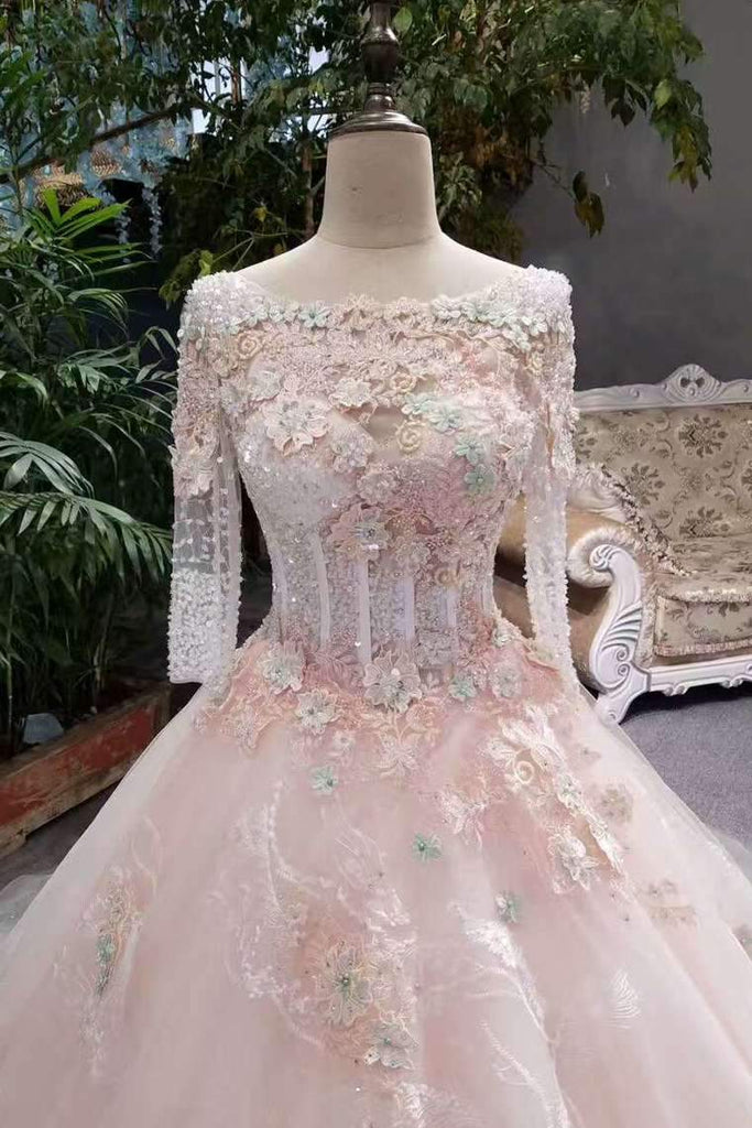New Arrival Pink Wedding Dresses Lace Up Long Sleeves With Appliques And Beading Lace Up