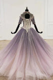 Sparkly Ball Gown Ombre Half Sleeves Jewel Long Prom Dresses, Beads Quinceanera Dresses SJS15601