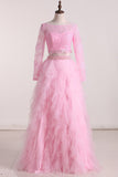 Two-Piece Long Sleeves Prom Dresses A Line Bateau Tulle & Lace