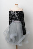 A Line Black Lace Off Shoulder Homecoming Dresses With Long Sleeves