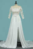 Scoop Chiffon Wedding Dresses 3/4 Length Sleeves With Applique