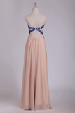 A Line Sweetheart Open Back Prom Dresses Chiffon With Applique Floor Length