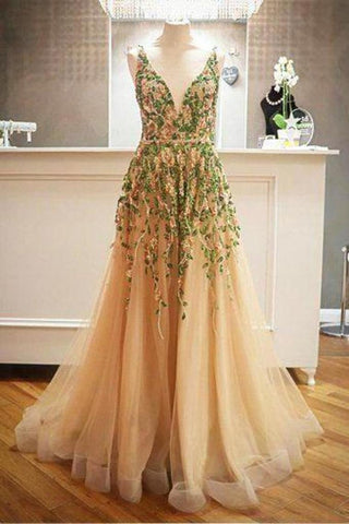 Criss Cross Back Appliqued Tulle Prom Dress With Ribbon