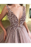 Beaded Tulle Deep Illusion V Neck Ball Gown Prom Dress Floor Length