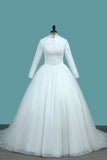 A Line Tulle Long Sleeves High Neck Wedding Dresses With Applique Sweep Train