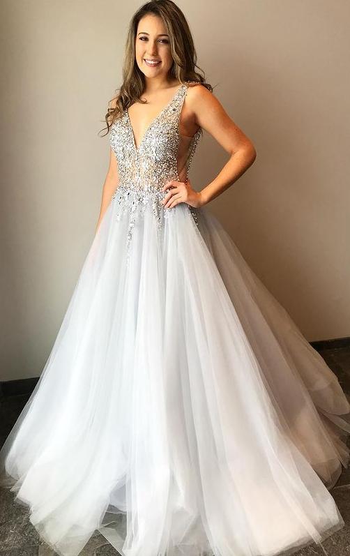 V-neck Beaded Tulle Formal Party Dresses A Line Gray Long Prom Dresses