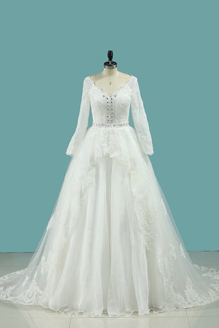 Long Sleeves V Neck Wedding Dresses Ball Gown Tulle With Applique & Beading Chapel Train