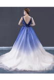 Ombre Contrast Colored A Line Prom Dress Pleated V Neck Long Formal Dress