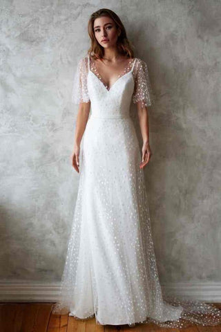 A Line Special Tulle Elegant Short Sleeve Long Wedding Dresses