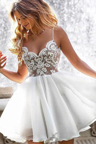 A Line Spaghetti Traps White Homecoming Dress With Appliques
