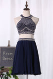Two-Piece Halter Beaded Bodice Homecoming Dresses A Line Open Back Chiffon