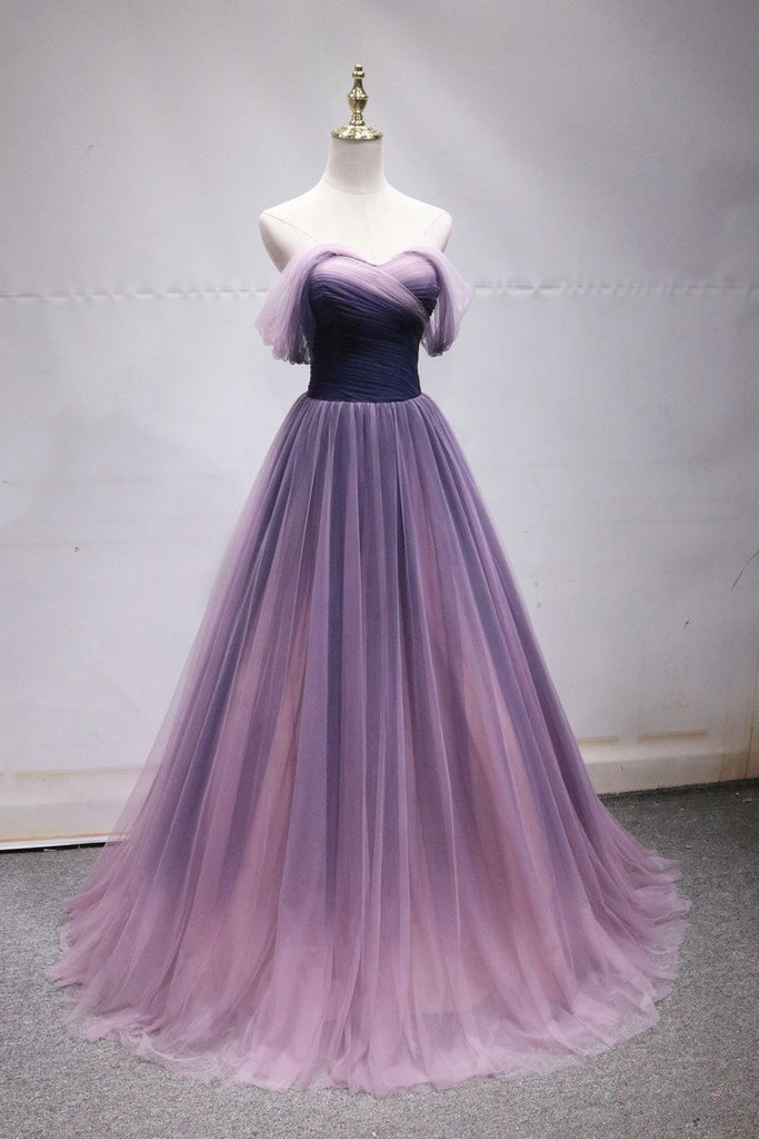 Tulle Party Dresses Ombre Off the Shoulder Long Evening Dresses A Line Prom Dresses