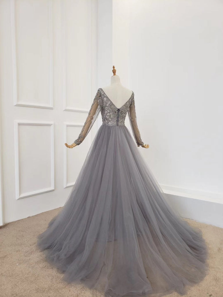 Buy A Line Long Sleeves V Neck Gray Tulle Prom Dresses with Beading ...