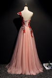 A Line One Shoulder Tulle Red Applique Long Prom Dress Evening Dress